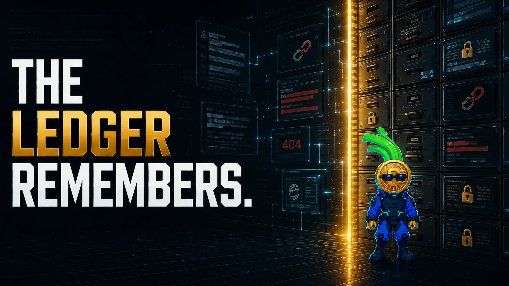 The Ledger remembers — a vault wall of archived records